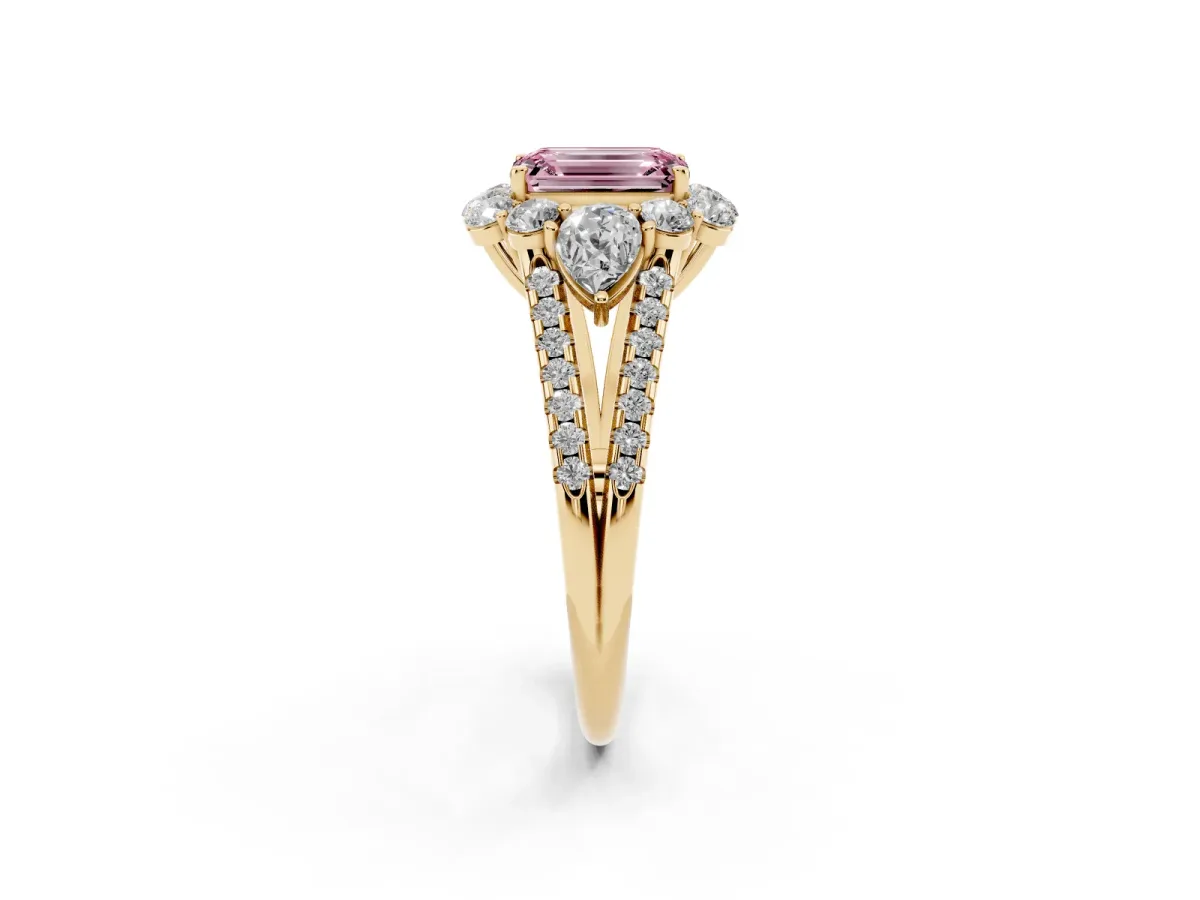 Fancy Pink Emerald Cut Halo Split Shank Diamond Engagement Ring with Prong Setting Yellow gold