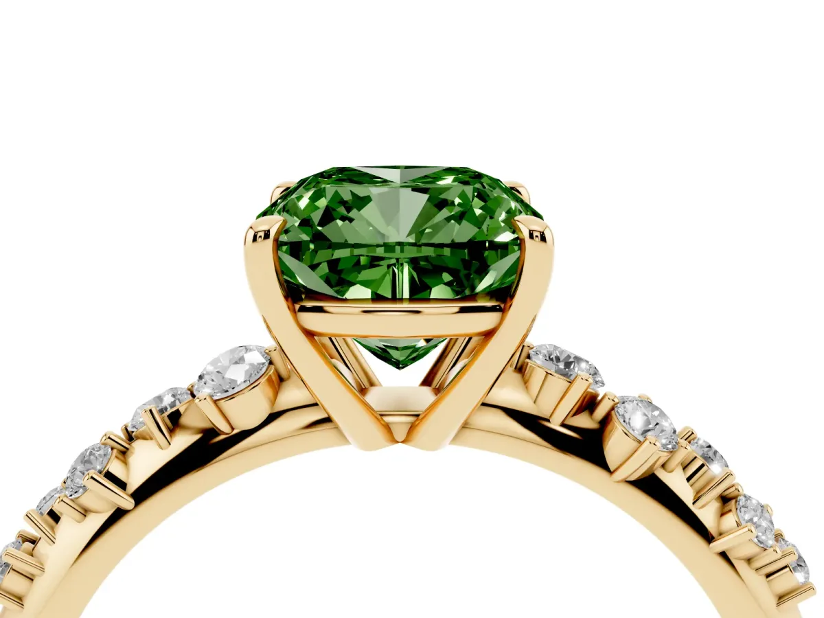 Fancy Green Cushion Cut Diamond Cluster Side Stone Solitaire Ring with Prong Setting Yellow gold