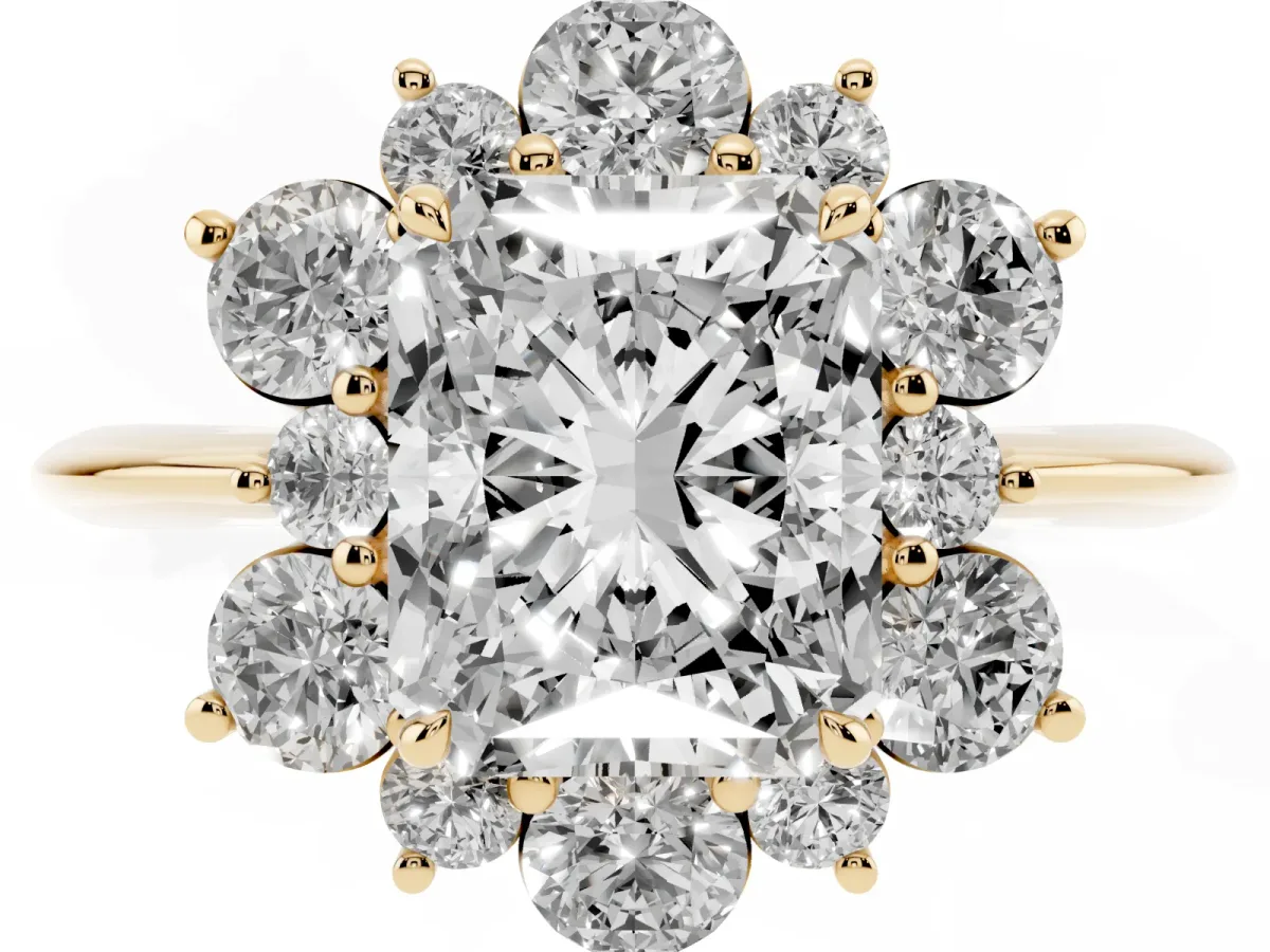 Radiant Cut Diamond Cluster Halo Ring with Solitaire Band and Four-Prong Setting Yellow gold