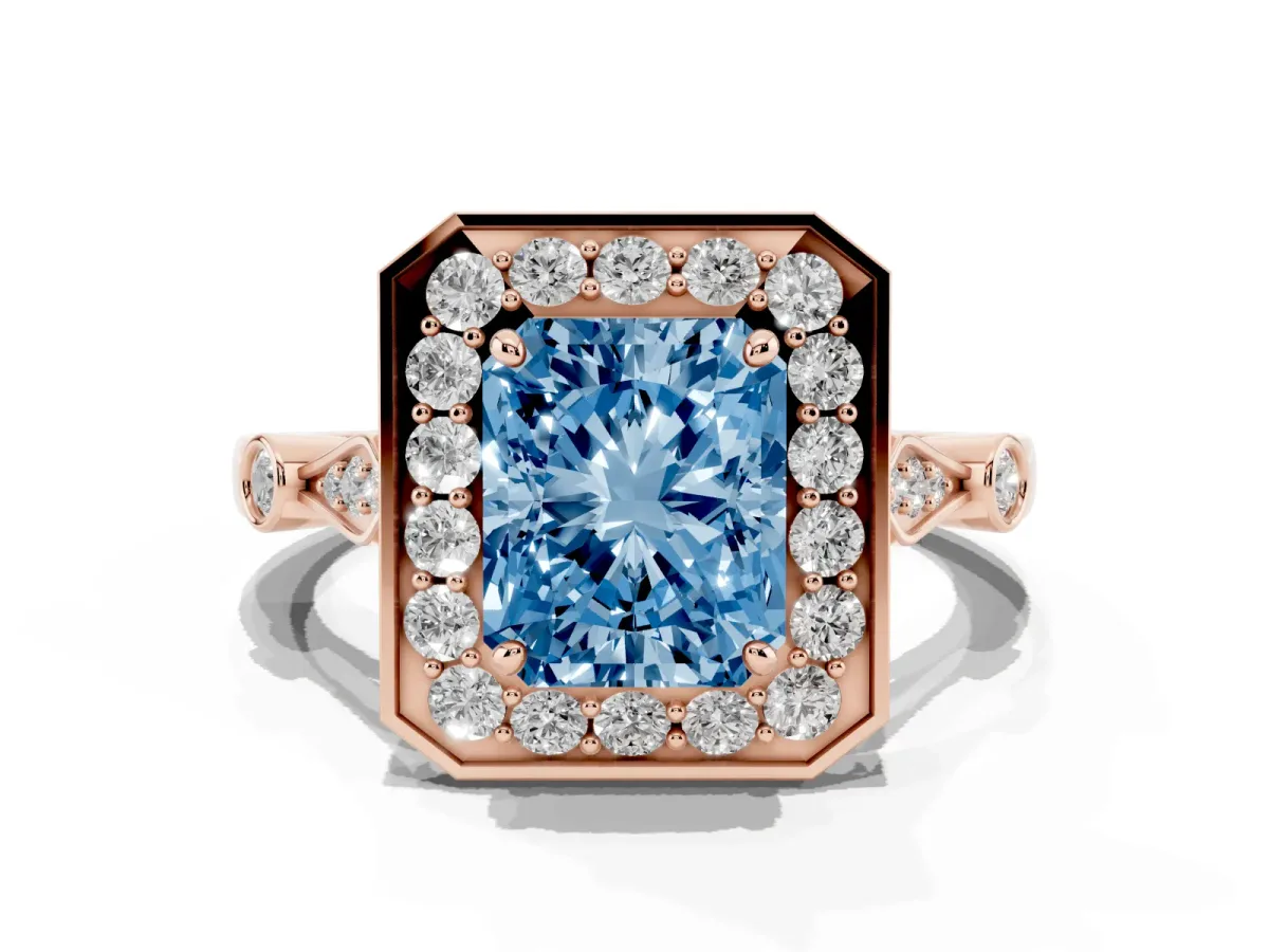 Fancy Blue Radiant Cut Halo Diamond Engagement Ring with Twisted Band and Four-Prong Setting Rose gold