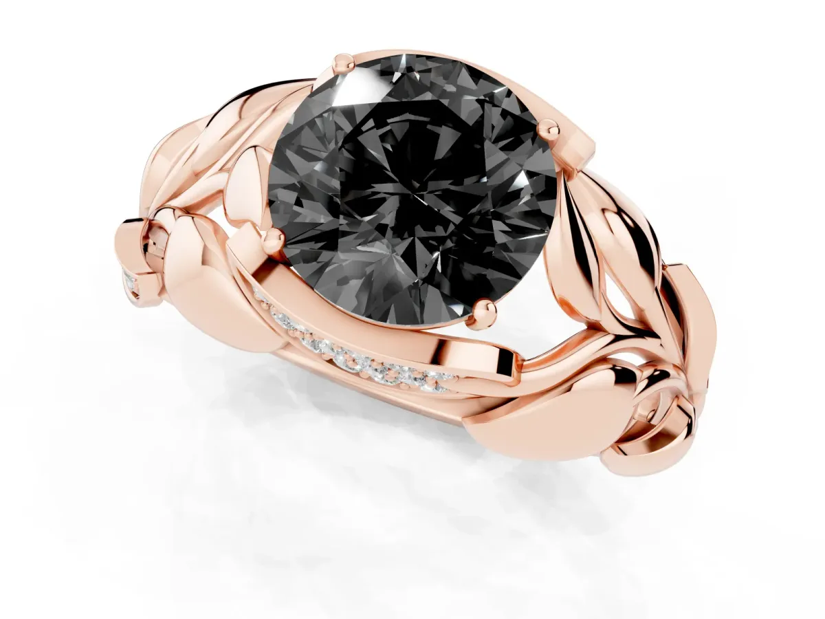 Fancy Black Round Cut Diamond Leaf-Inspired Engagement Ring with Round Accents and Prong Setting Rose gold