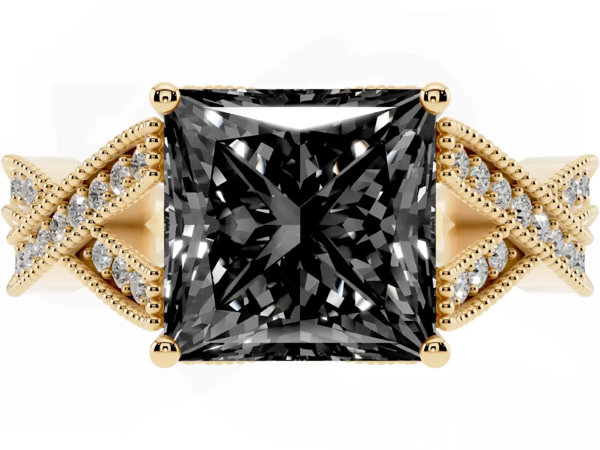 Fancy Black Princess Cut Cut Diamond Twisted Band with Milgrain Pave Setting and Four-Prong Setting Yellow gold