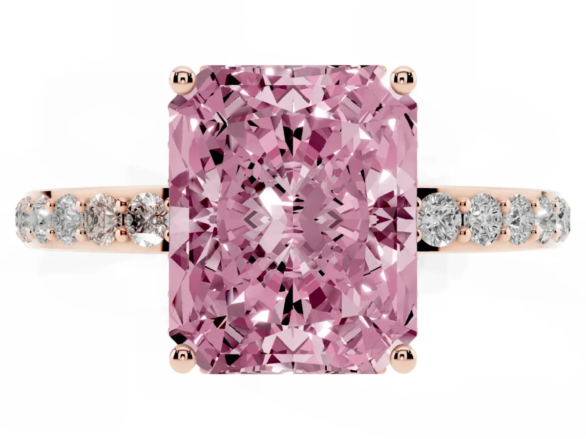 Fancy Pink Radiant Cut Diamond Solitaire Ring with Pavé Band and Hidden Halo Rose gold