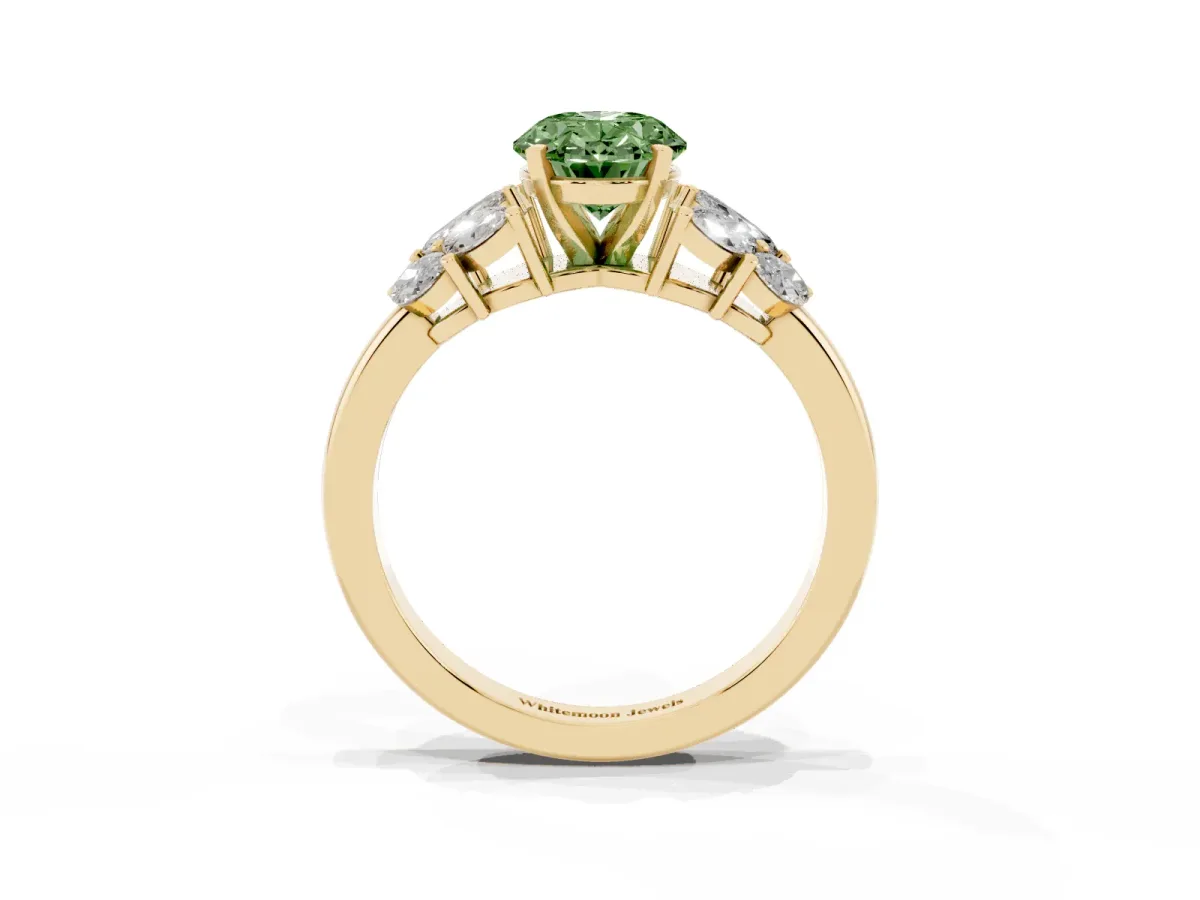 Fancy Green Oval Cut Diamond Cluster Leaf Design Ring with Prong Setting Yellow gold