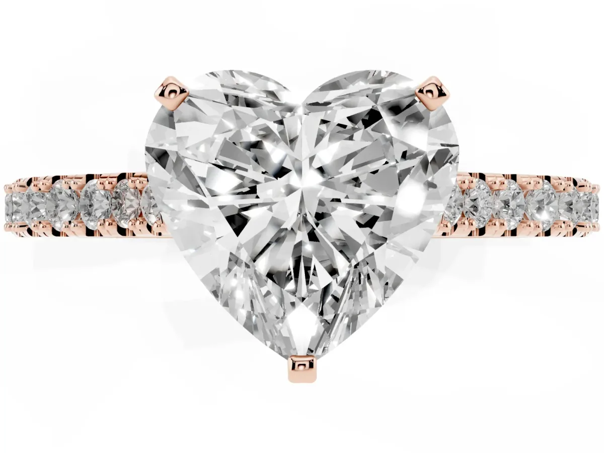Heart Cut Cut Solitaire Diamond Engagement Ring with Pave Band and Four-Prong Setting Rose gold