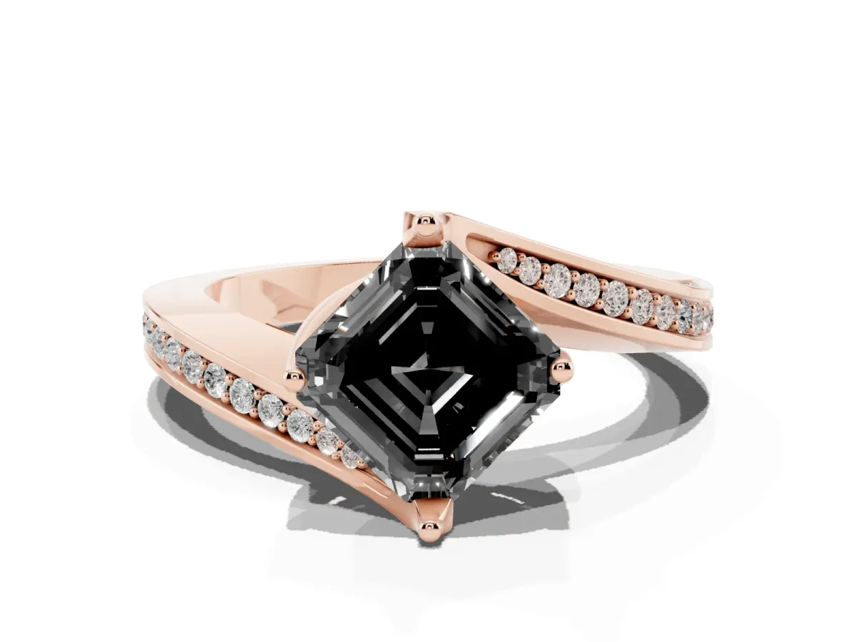 Fancy Black Asscher Cut Solitaire Diamond Twist Band with Pavé Setting and Four-Prong Setting Rose gold