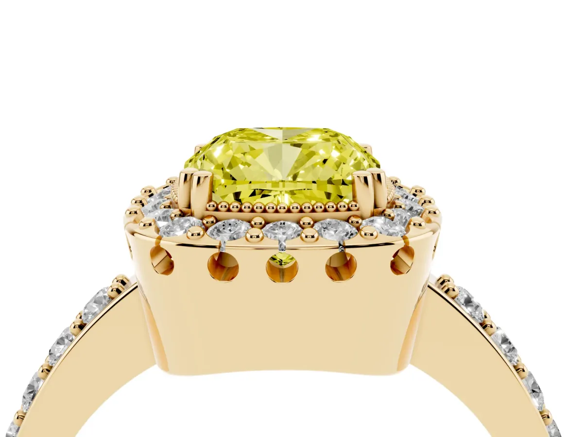 Fancy Yellow Cushion Cut Diamond Halo Ring with Pavé Band and Prong Setting Yellow gold