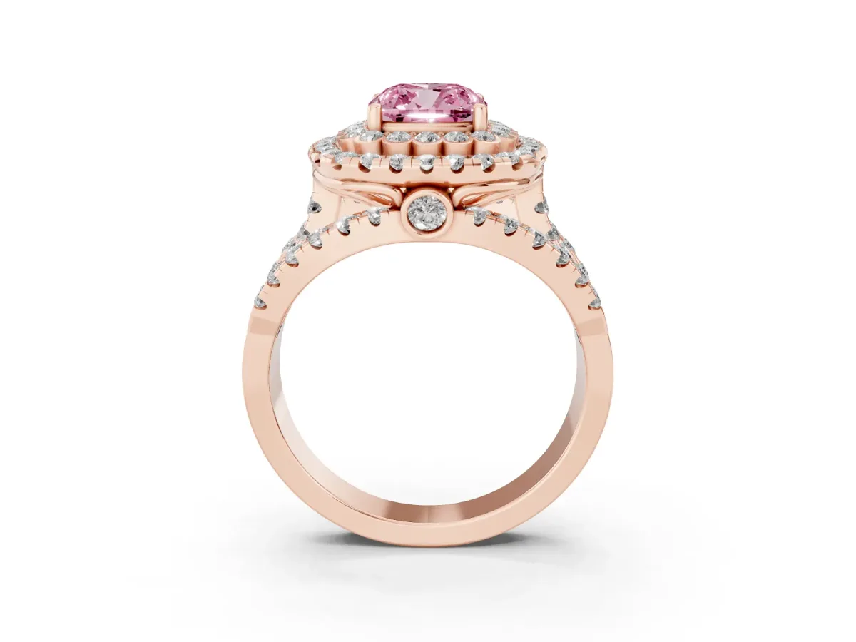 Fancy Pink Cushion Cut Diamond Double Halo Ring with Round Pavé Split Shank and Prong Setting Rose gold