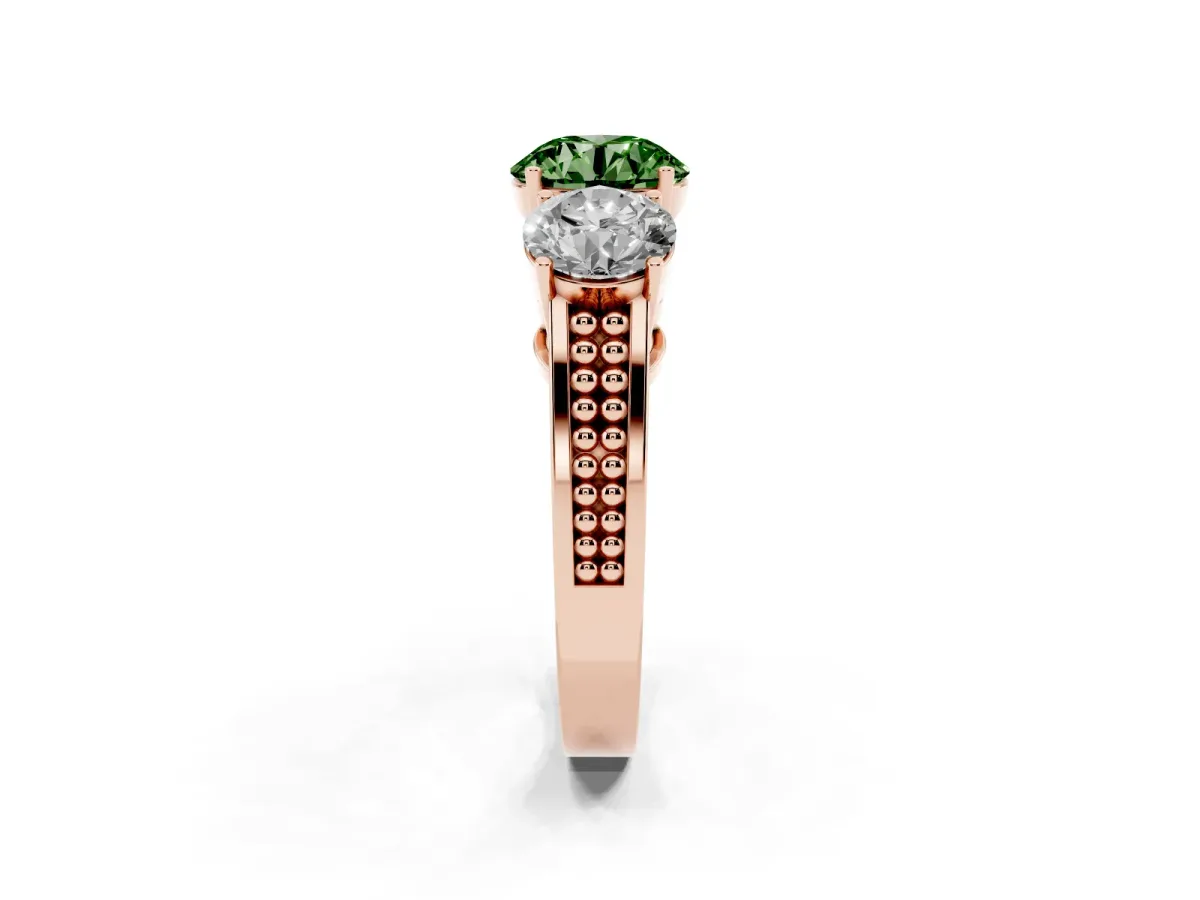 Fancy Green Round Cut Diamond Three-Stone Ring with Prong Setting and Textured Band Rose gold