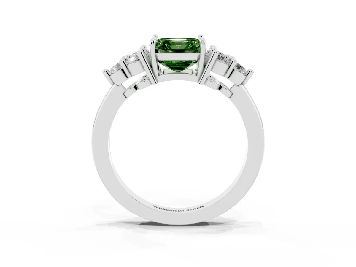 Fancy Green Asscher Cut Brilliant Diamond Cluster Accent Solitaire Ring with Prong Setting Platinum