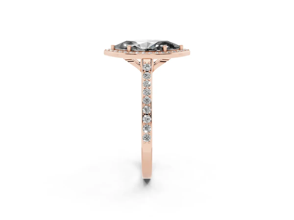 Fancy Black Marquise Cut Diamond Halo Engagement Ring with Round Pavé Shoulders and Prong Setting Rose gold