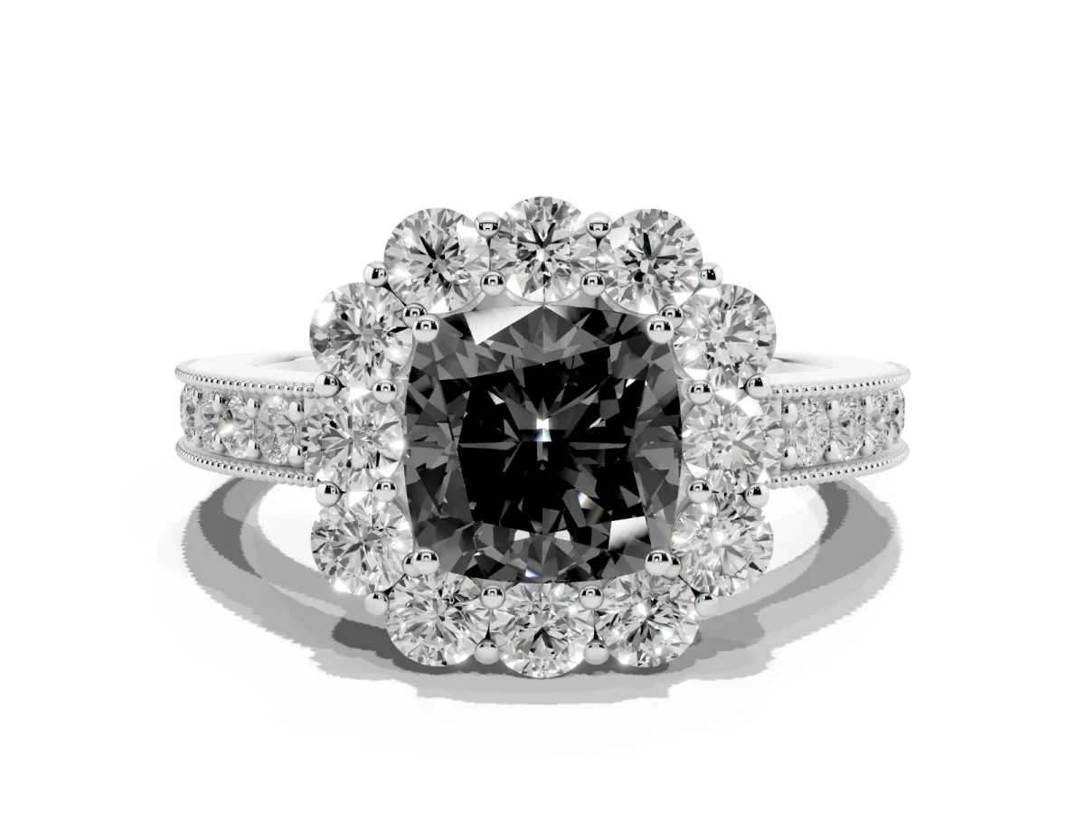 Fancy Black Cushion Cut Cut Halo Diamond Pavé Engagement Ring with Milgrain Detailing Platinum