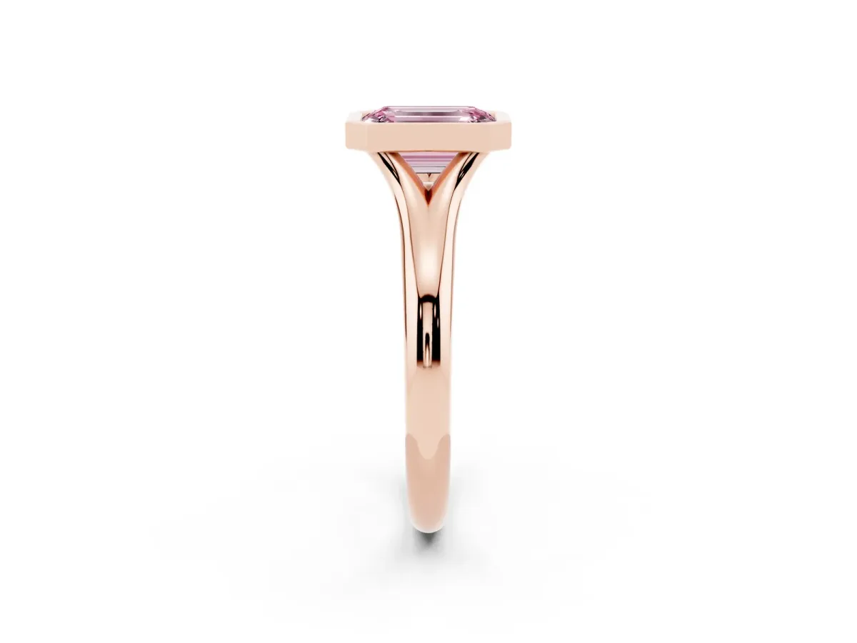 Fancy Pink Bezel Set Emerald Cut Solitaire Diamond Ring with Smooth Band Rose gold