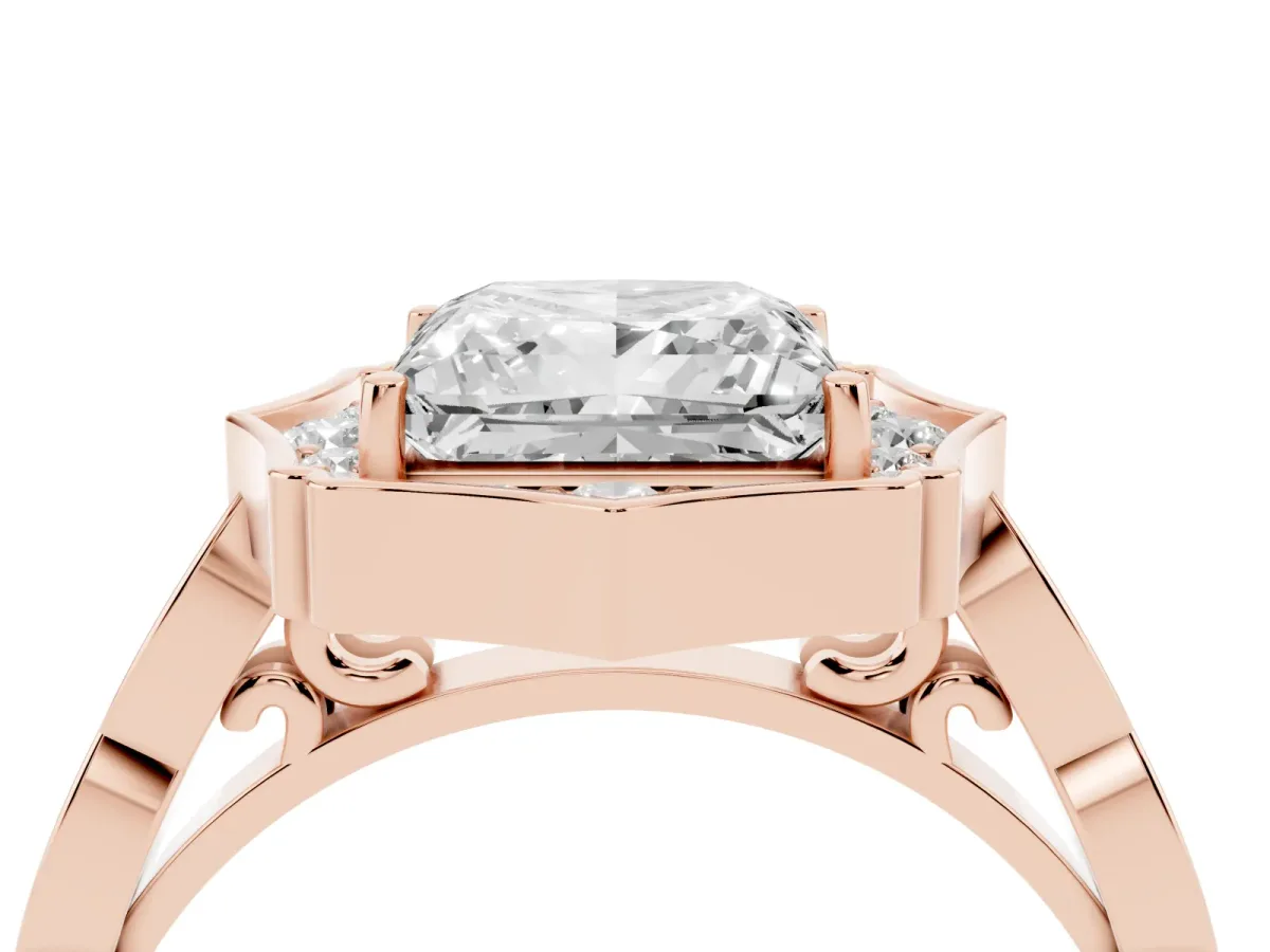 Princess Cut Halo Diamond Engagement Ring with Milgrain Band and Four-Prong Setting Rose gold