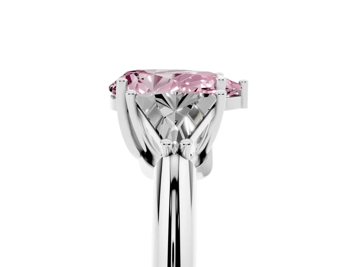 Fancy Pink Three-Stone Pear Cut Diamond Engagement Ring with Trillion Side Stones and Prong Setting Silver