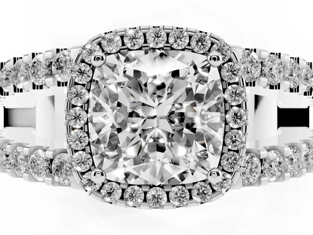 Cushion Cut Cut Halo Split Shank Diamond Ring with Four-Prong Setting White gold