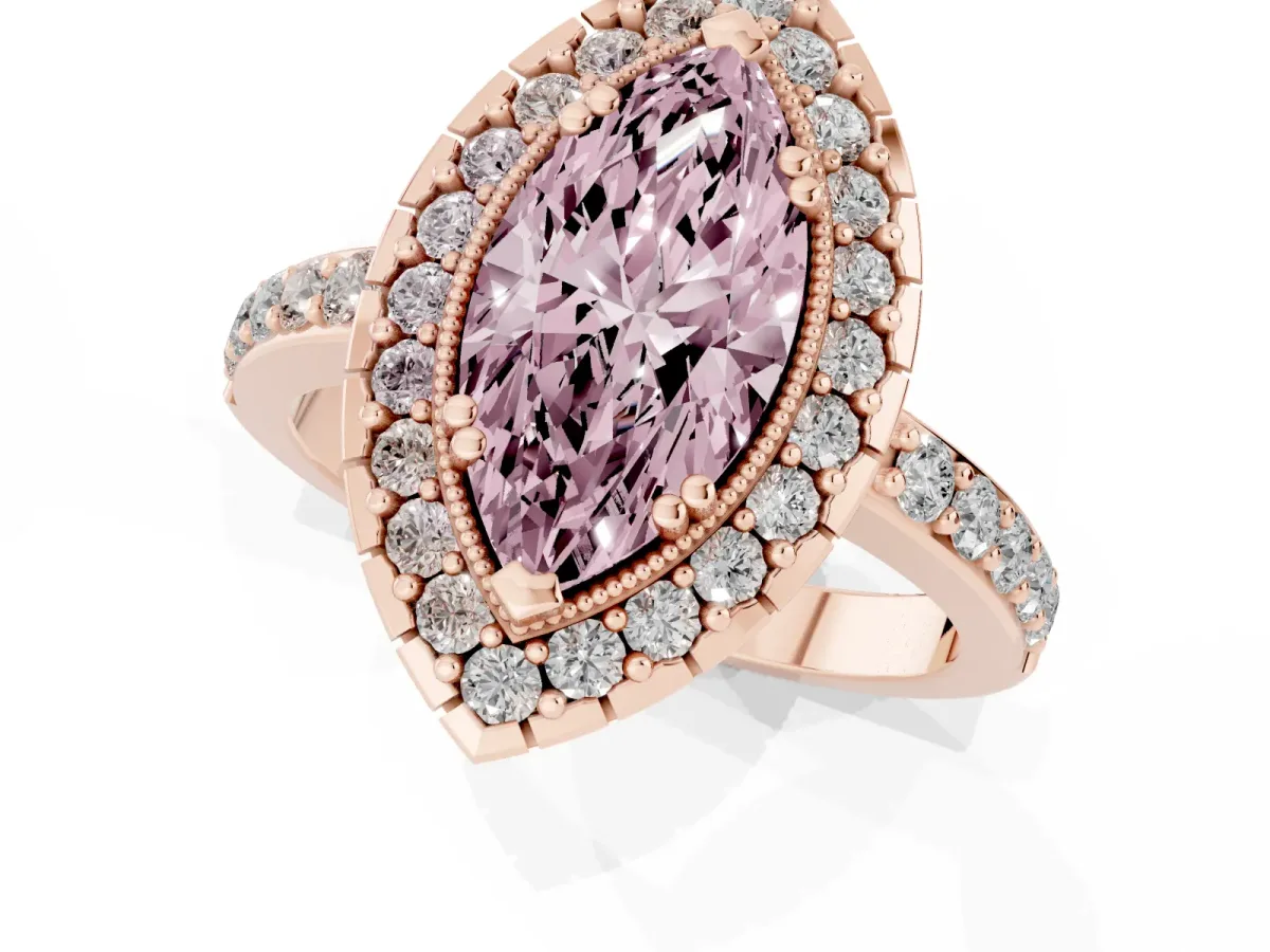 Fancy Pink Marquise Cut Diamond Halo Ring with Pavé Band and Prong Setting Rose gold