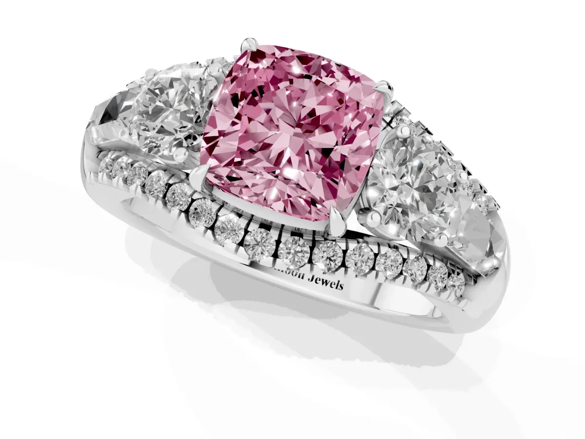 Fancy Pink Three-Stone Cushion Cut Diamond Engagement Ring with Pave Band and Prong Setting Silver