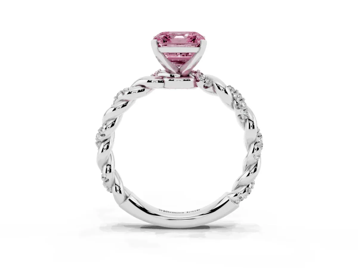 Fancy Pink Asscher Cut Diamond Solitaire Ring with Twisted Band and Pavé Accents Silver