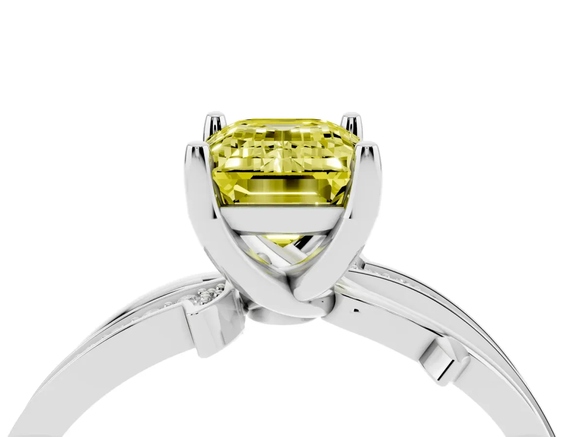 Fancy Yellow Emerald Cut Solitaire Twist Band with Pavé Accents and Four-Prong Setting Platinum