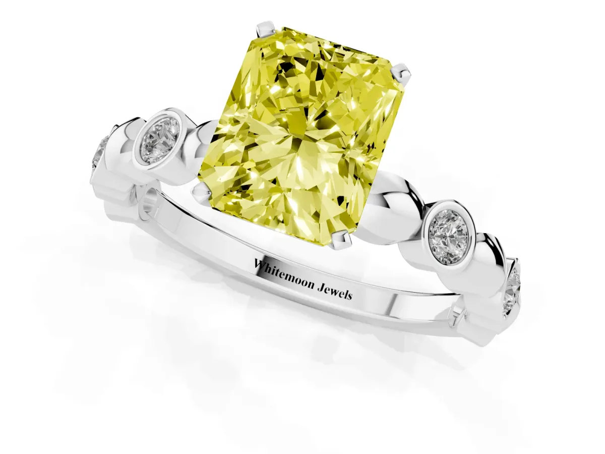 Fancy Yellow Radiant Cut Solitaire Bezel-Set Diamond Ring with Beaded Band and Four-Prong Setting Silver