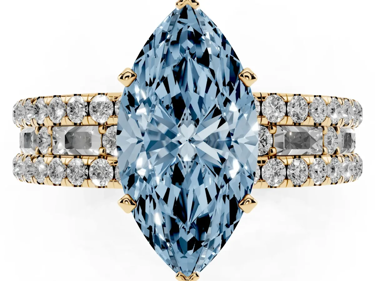 Fancy Blue Marquise Cut Diamond Solitaire Ring with Pavé and Channel Set Band Yellow gold