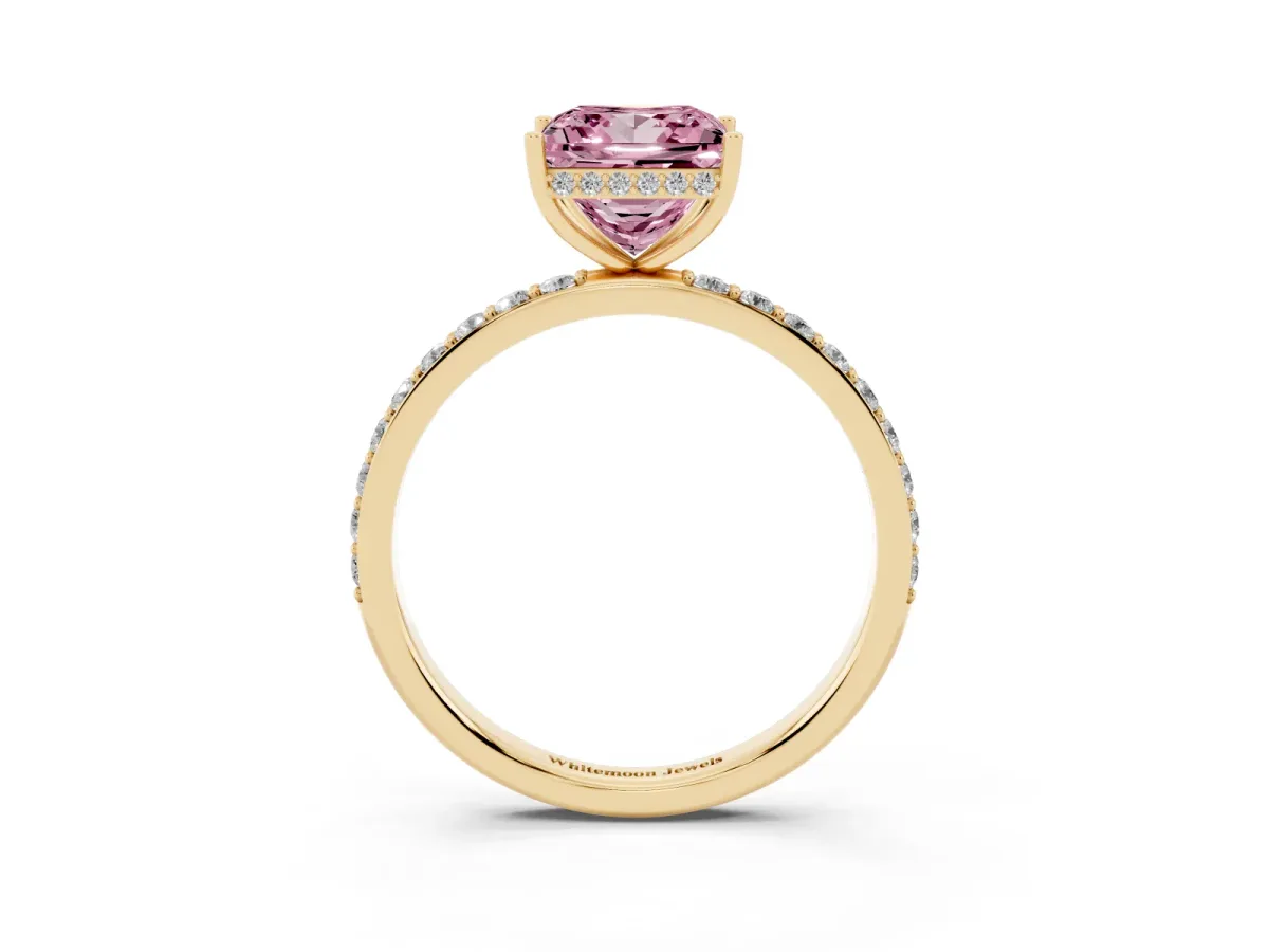 Fancy Pink Princess Cut Diamond Solitaire Ring with Pavé Band and Hidden Halo Yellow gold