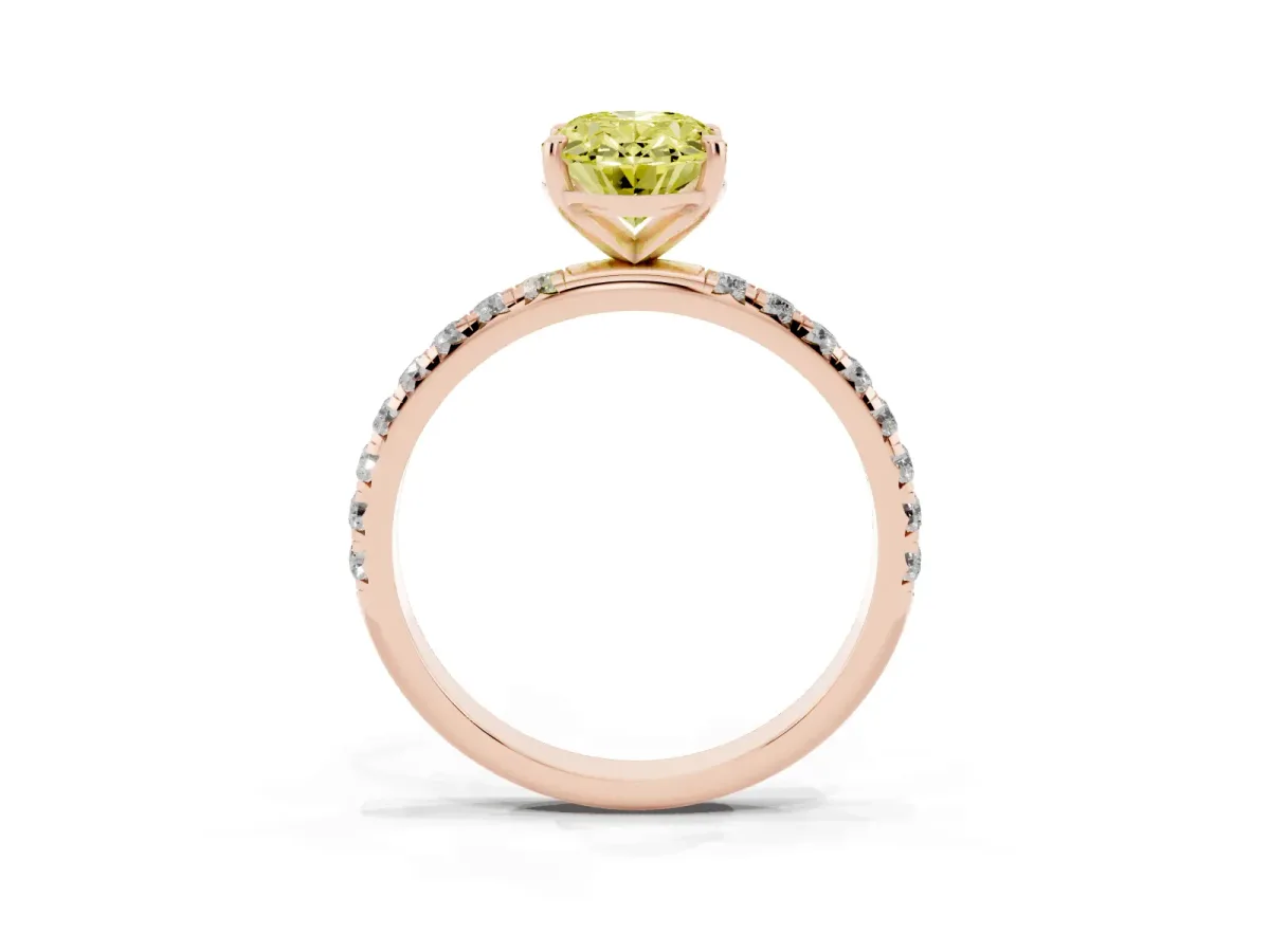 Fancy Yellow Oval Cut Cut Diamond Solitaire Ring with Micro Pave Band and Four Prong Setting Rose gold