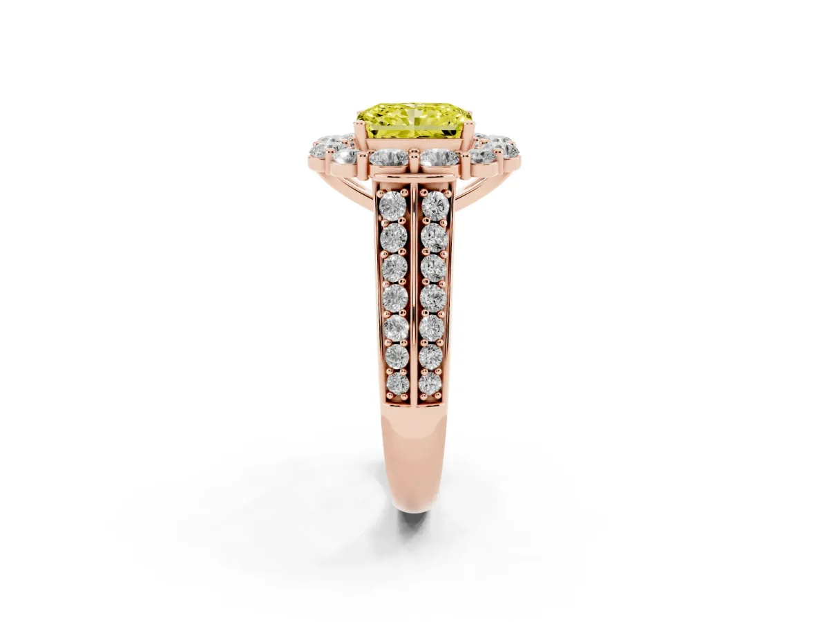 Fancy Yellow Radiant Cut Halo Diamond Engagement Ring with Split Shank and Prong Setting Rose gold