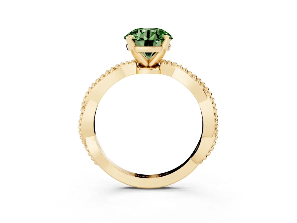 Fancy Green Round Cut Solitaire Twisted Band with Bead Prong Setting Yellow gold