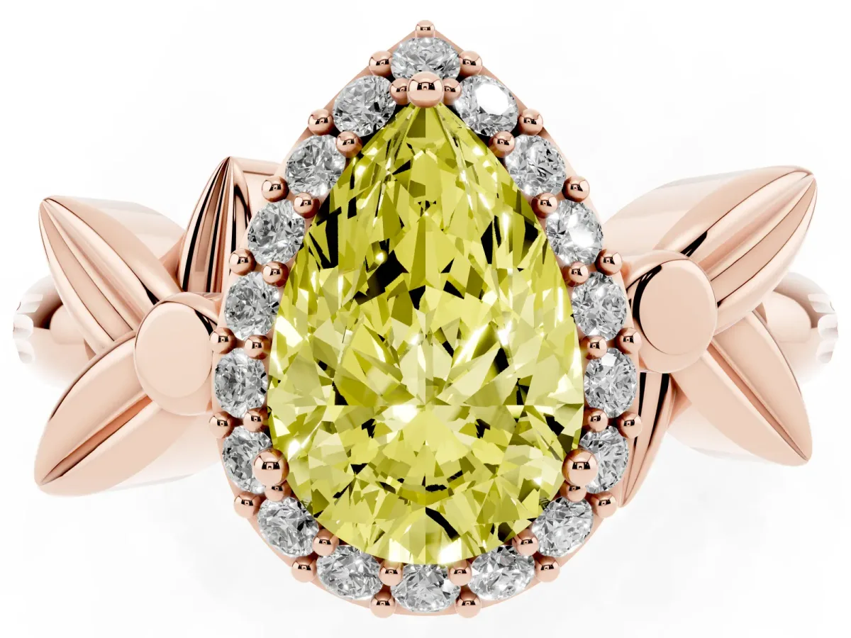 Fancy Yellow Pear Cut Halo Diamond Floral Band with Four-Prong Setting Rose gold