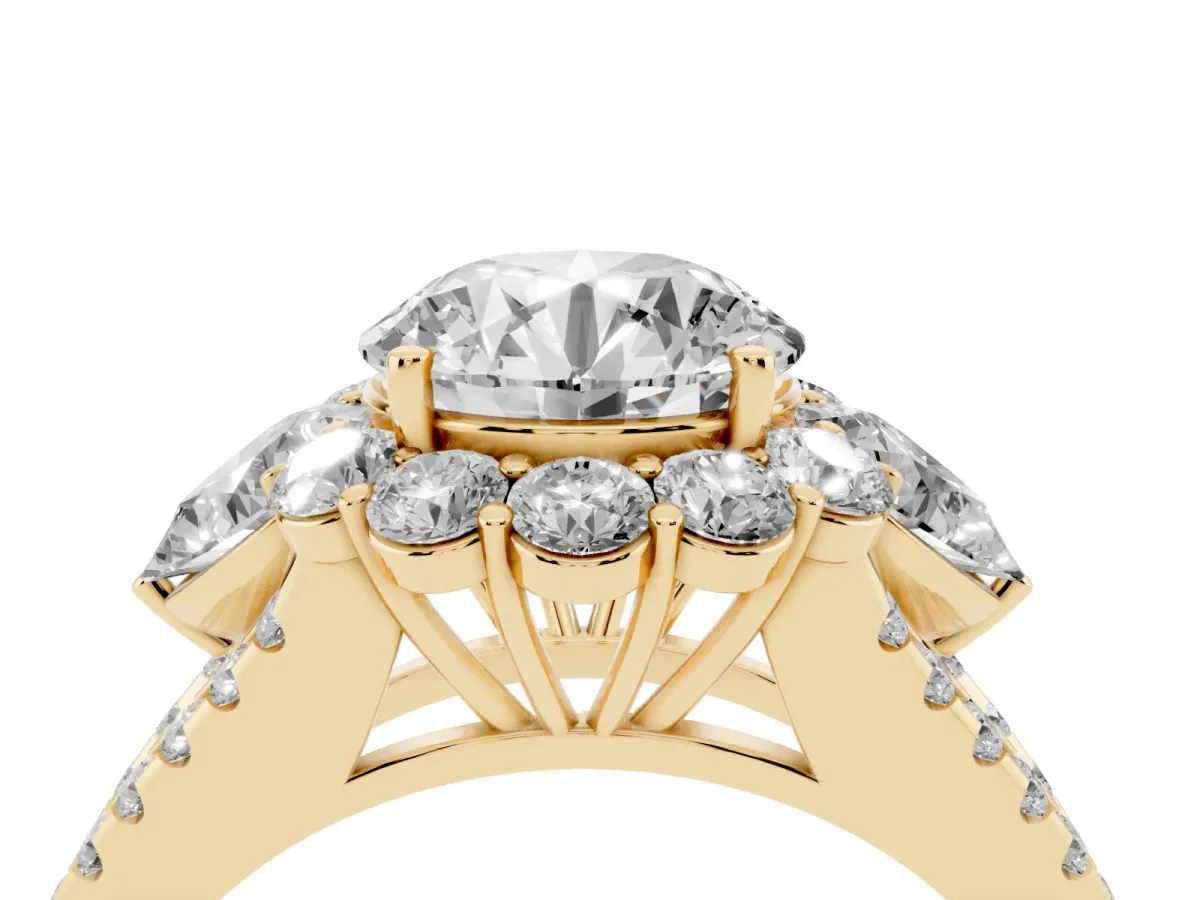 Round Cut Halo Split Shank Diamond Engagement Ring with Prong Setting Yellow gold