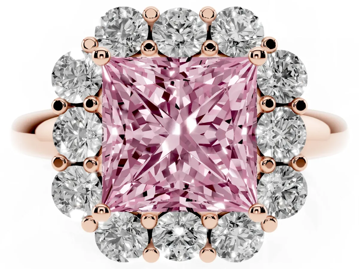 Fancy Pink Princess Cut Halo Milgrain Solitaire with Bezel Set Side Stones and Pave Band Rose gold