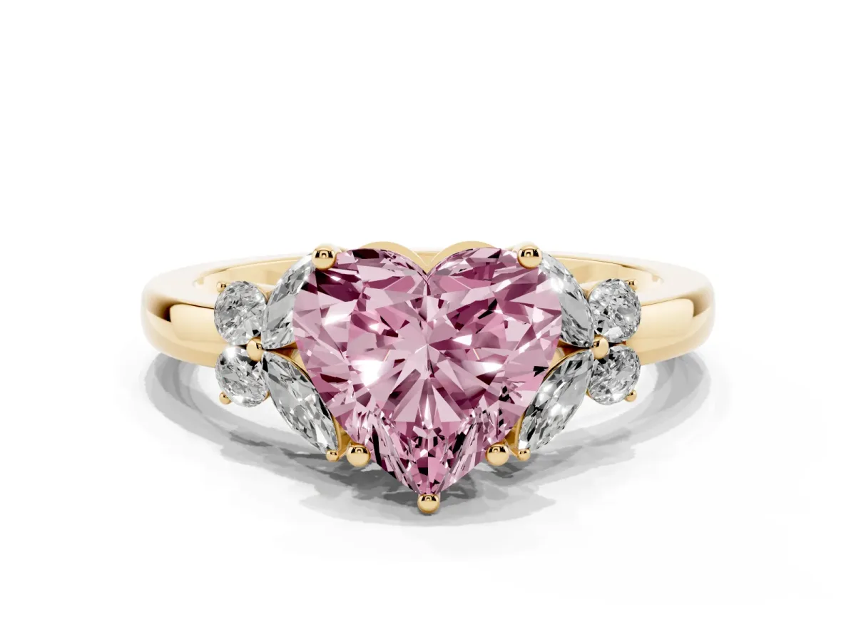 Fancy Pink Heart Cut Cut Solitaire Floral Diamond Ring with Four-Prong Setting Yellow gold