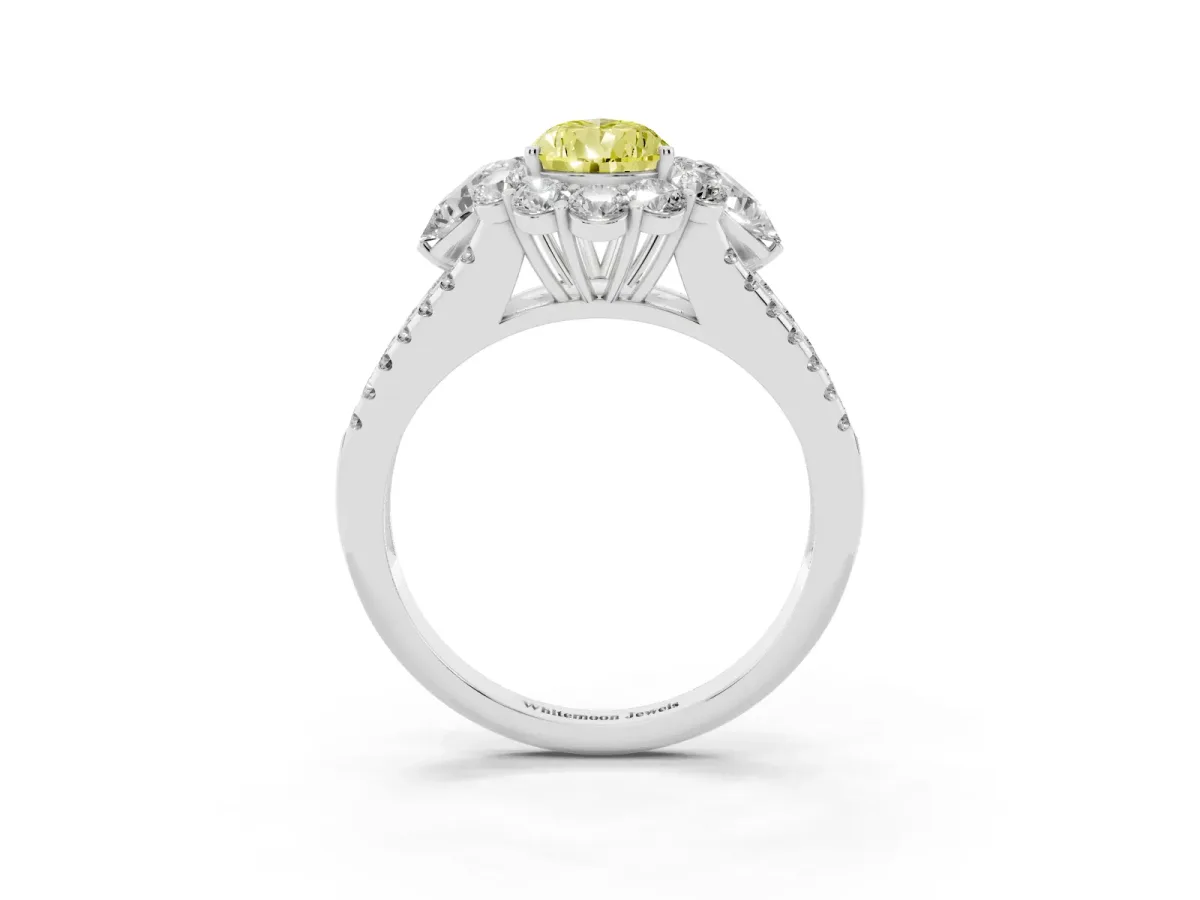 Fancy Yellow Pear Cut Halo Split Shank Diamond Engagement Ring with Prong Setting Platinum
