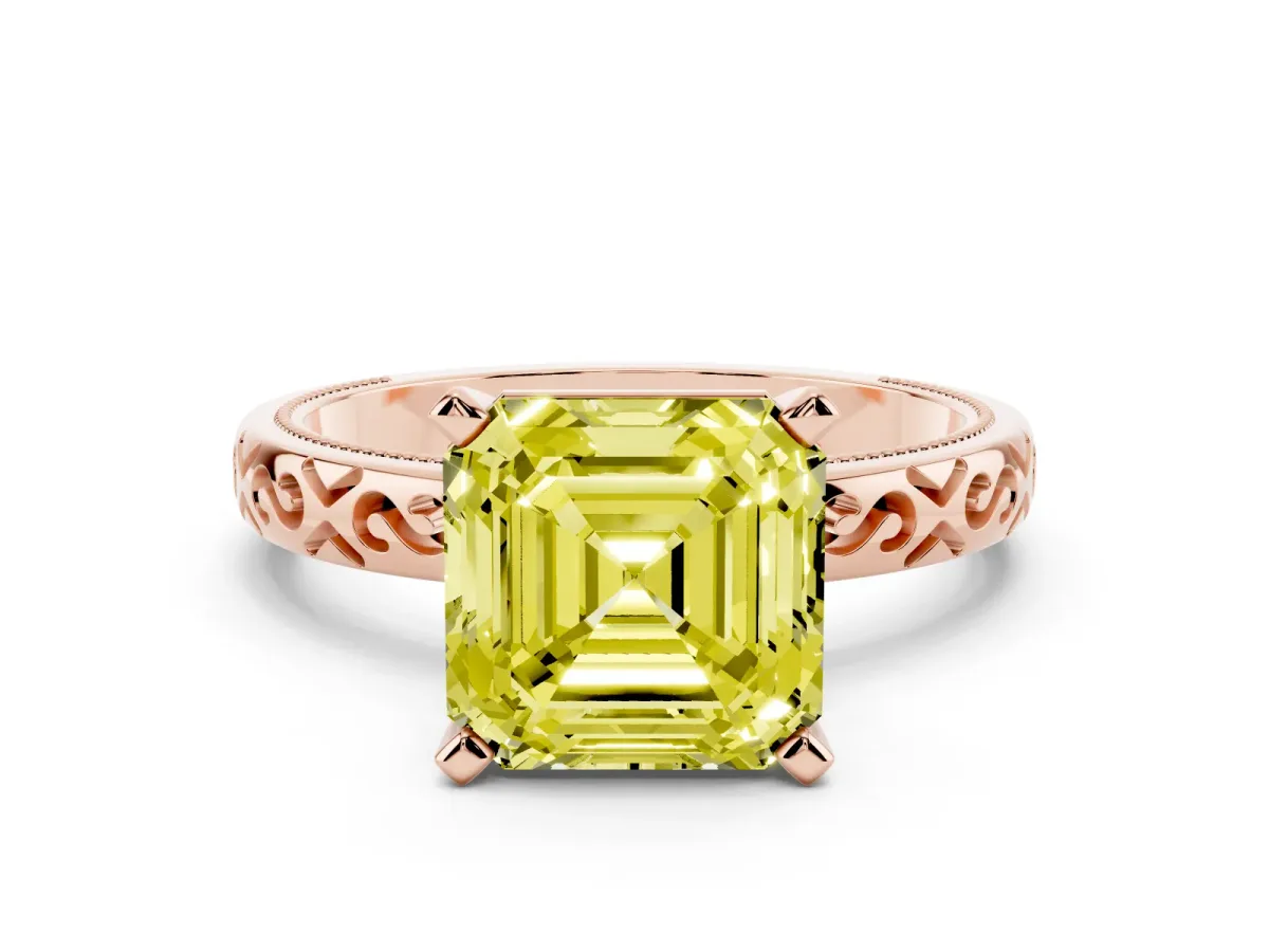 Fancy Yellow Asscher Cut Solitaire Engagement Ring with Scrollwork Band and Four-Prong Setting Rose gold