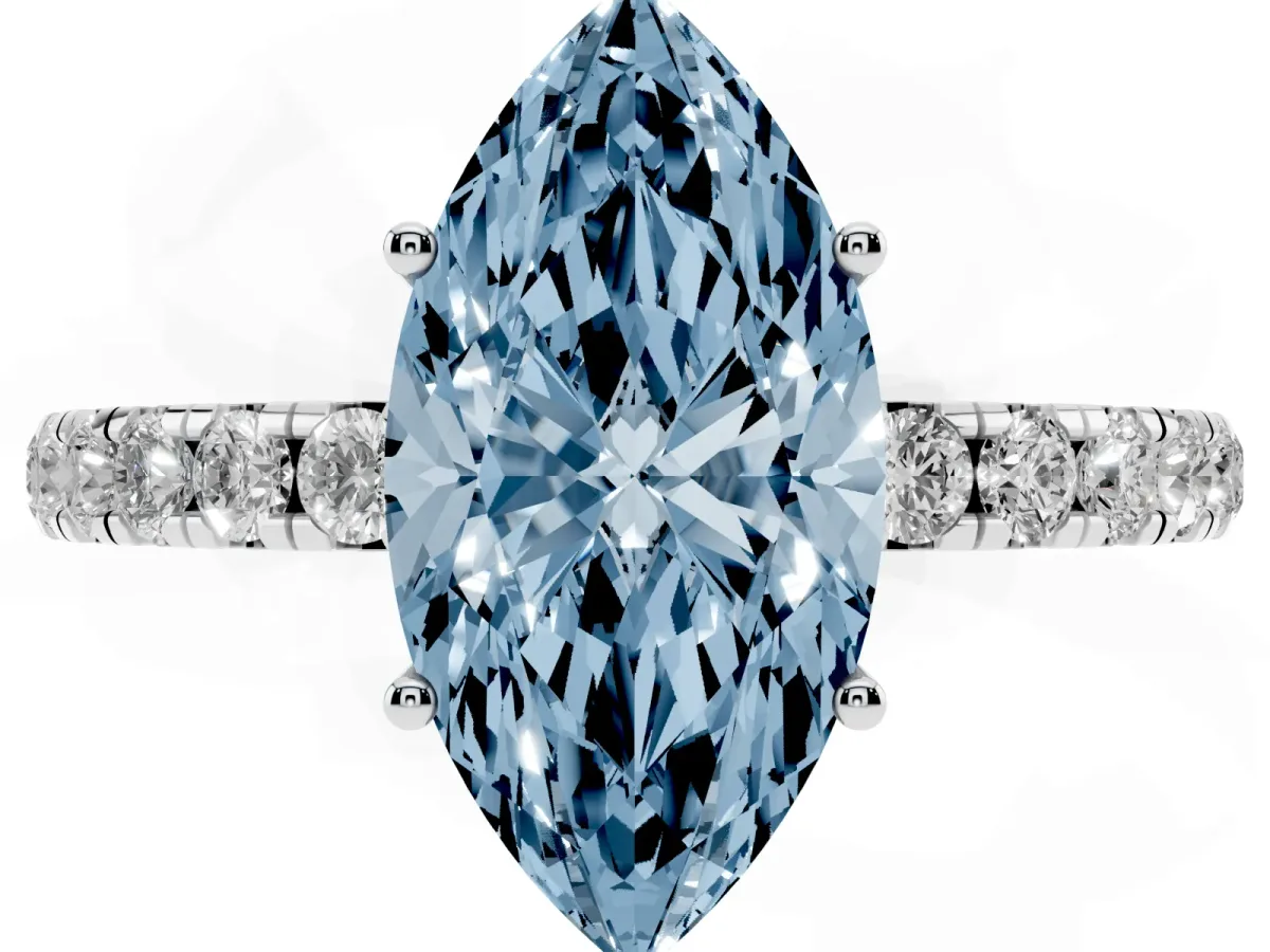 Fancy Blue Marquise Cut Diamond Pavé Solitaire Engagement Ring with Four-Prong Setting Silver