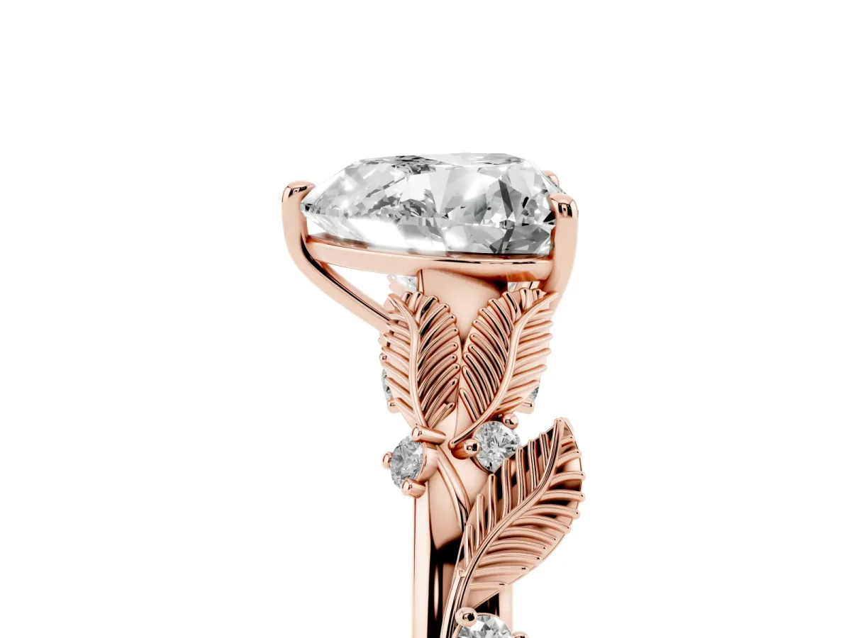 Heart Cut Diamond Solitaire Ring with Leaf Motif Band and Four-Prong Setting Rose gold