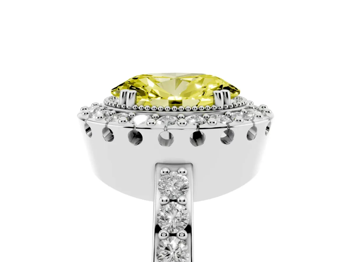 Fancy Yellow Oval Cut Diamond Halo Ring with Pavé Band and Prong Setting Silver