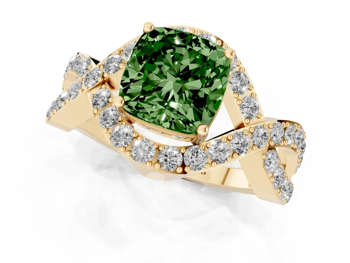 Fancy Green Cushion Cut Solitaire Twist Band Pavé Diamond Engagement Ring Yellow gold