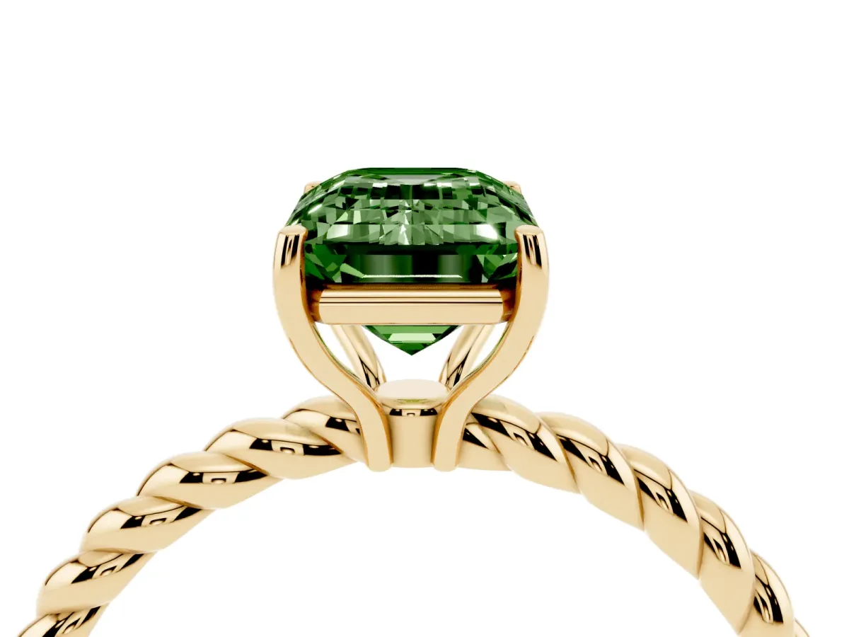 Fancy Green Emerald Cut Solitaire Twist Band Ring with Four-Prong Setting Yellow gold