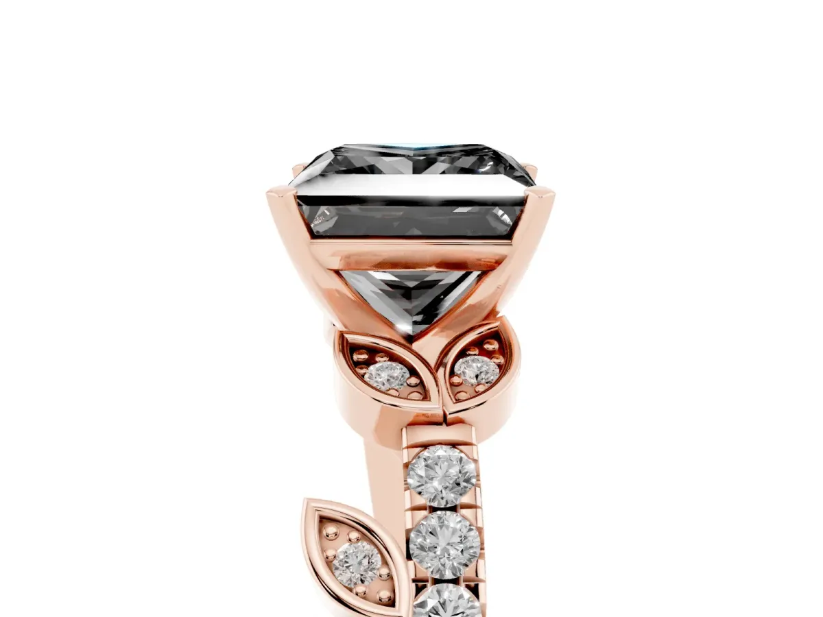 Fancy Black Princess Cut Solitaire Leaf-Inspired Diamond Ring with Pavé Band and Four-Prong Setting Rose gold