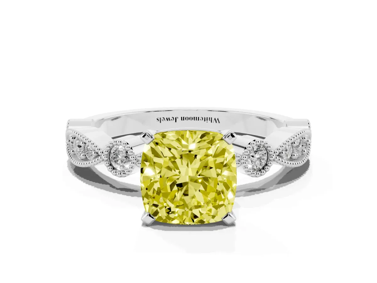 Fancy Yellow Cushion Cut Milgrain Bezel Diamond Engagement Ring with Solitaire Prong Setting Silver