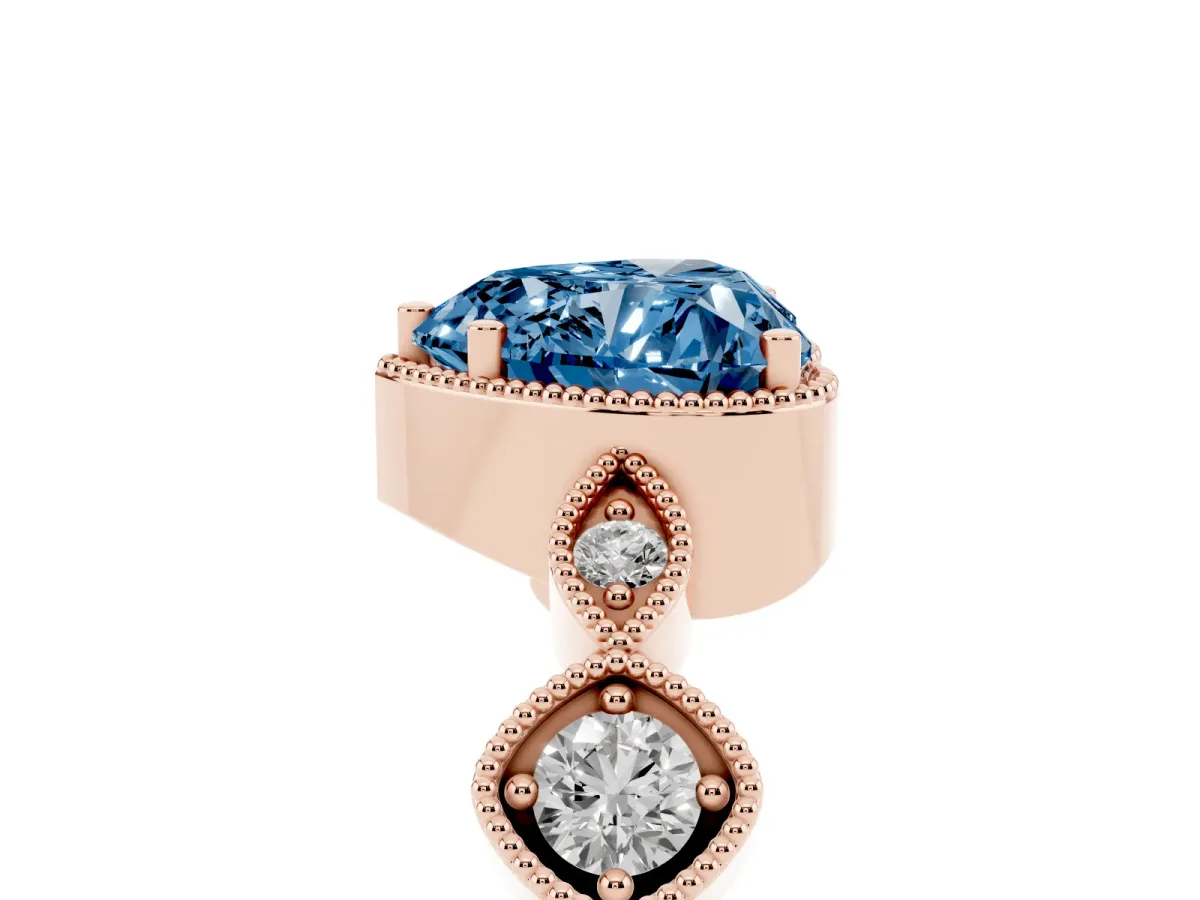 Fancy Blue Heart Cut Diamond Vintage Milgrain Ring with Round Stations Rose gold