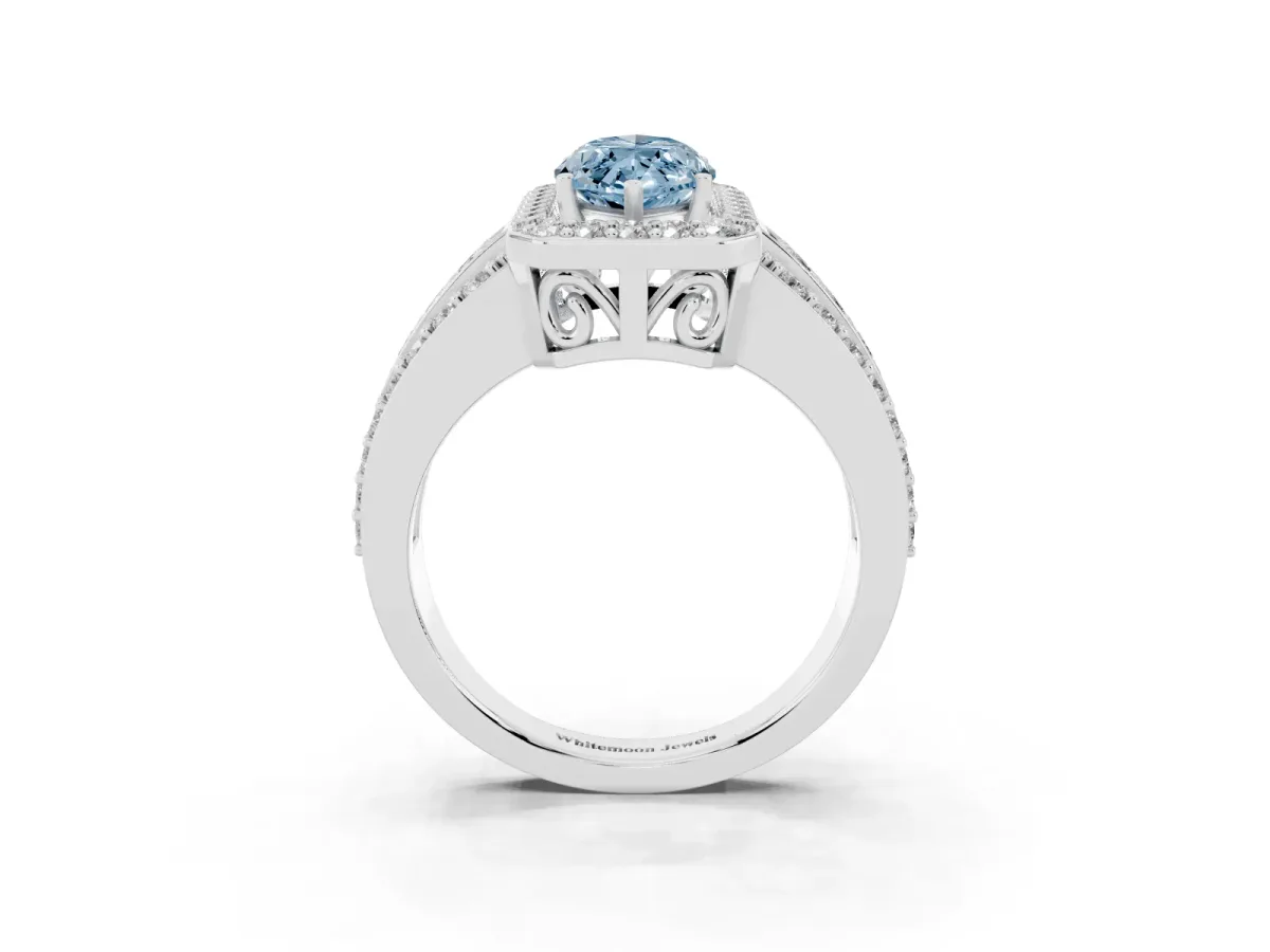 Fancy Blue Marquise Cut Halo Diamond Ring with Round Split Shank and Prong Setting Platinum