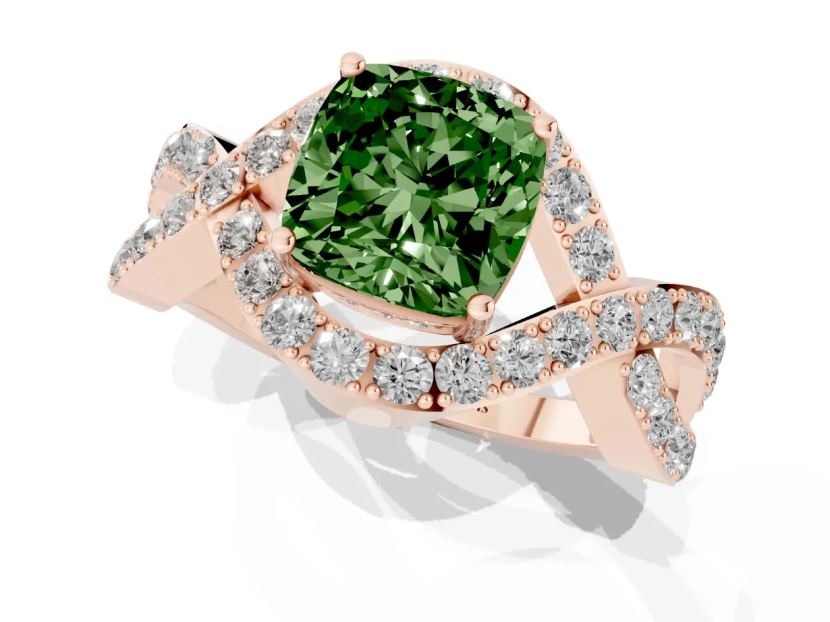 Fancy Green Cushion Cut Solitaire Twist Band Pavé Diamond Engagement Ring Rose gold