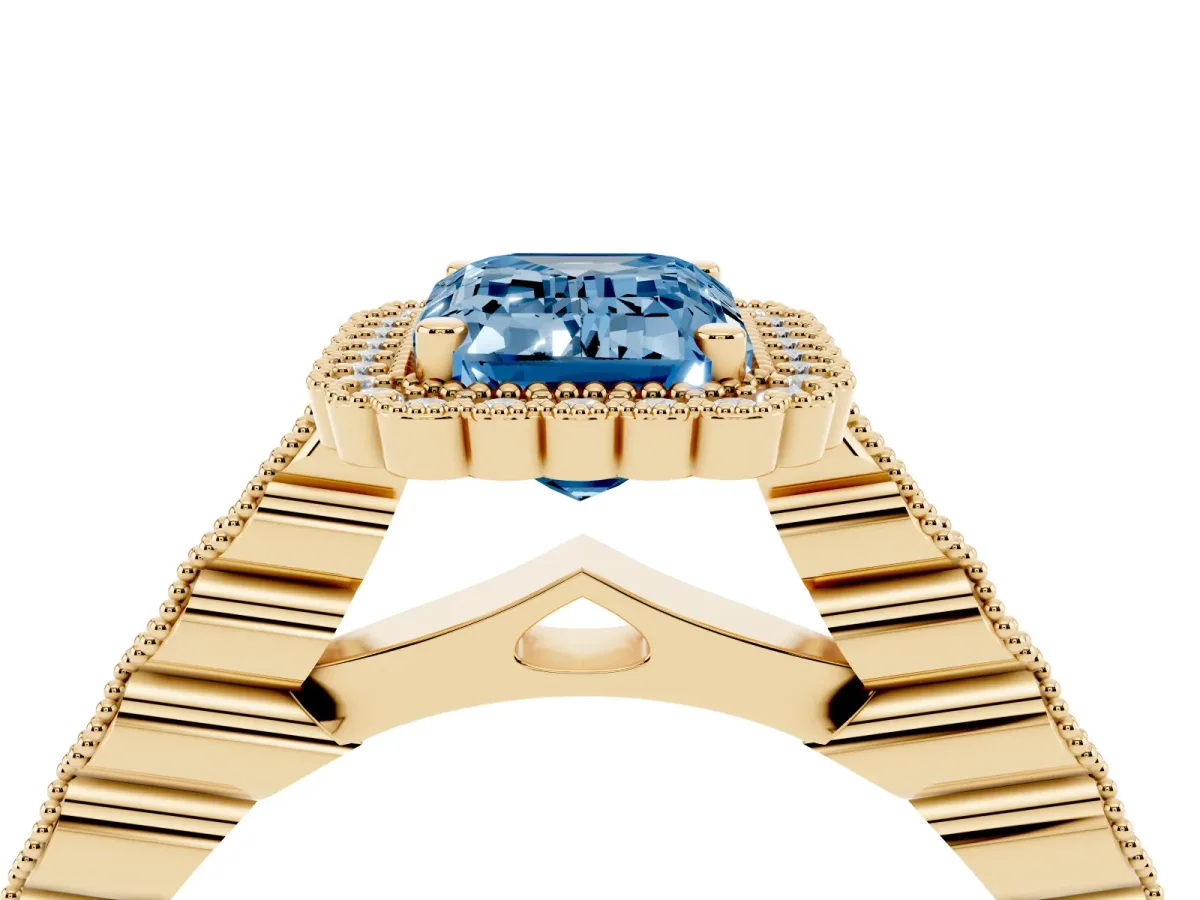 Fancy Blue Emerald Cut Cut Halo Pavé Solitaire Ring with Milgrain Band Yellow gold