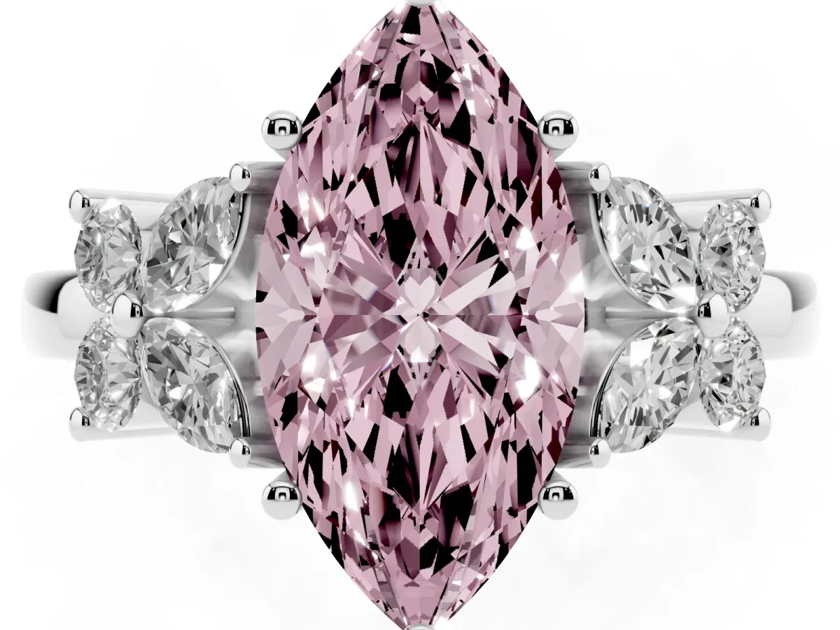 Fancy Pink Marquise Cut Diamond Floral Cluster Ring with Solitaire Band and Prong Setting Platinum