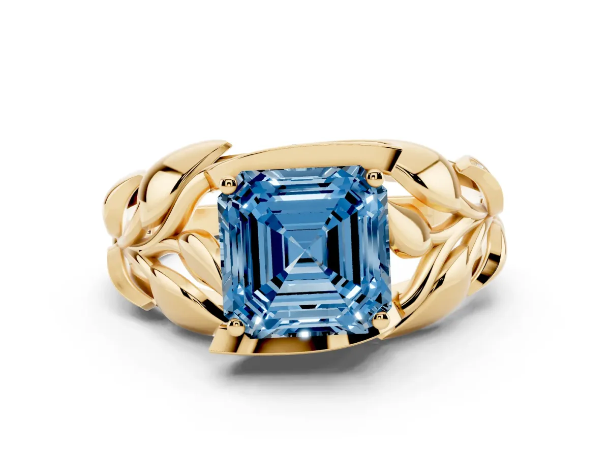Fancy Blue Asscher Cut Diamond Leaf-Inspired Engagement Ring with Round Accents and Prong Setting Yellow gold
