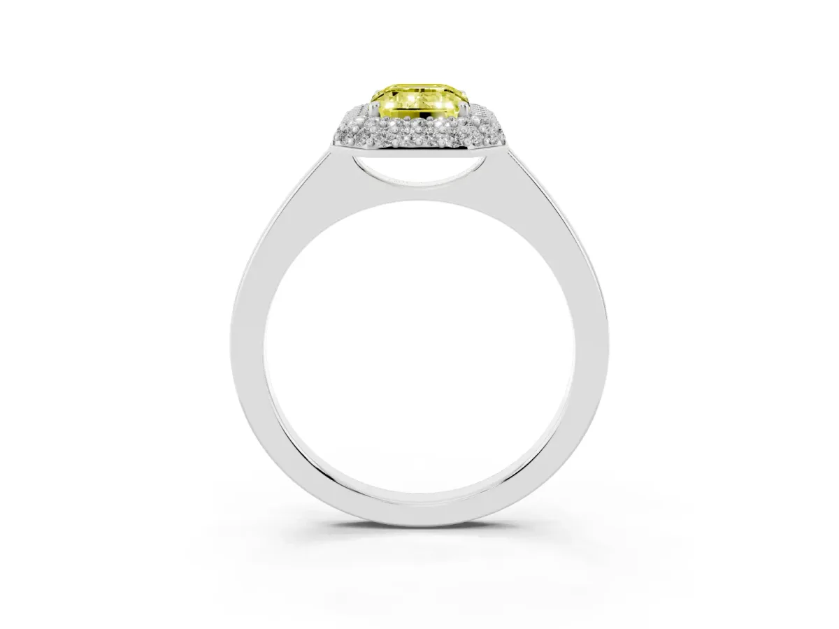 Fancy Yellow Emerald Cut Halo Diamond Engagement Ring with Solitaire Band and Four-Prong Setting Silver